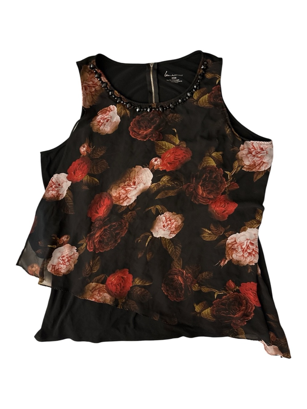 Lane Bryant 22/24 Black Floral Chiffon Asymmetrical Layered Plus Size Tank Top - Picture 5 of 5